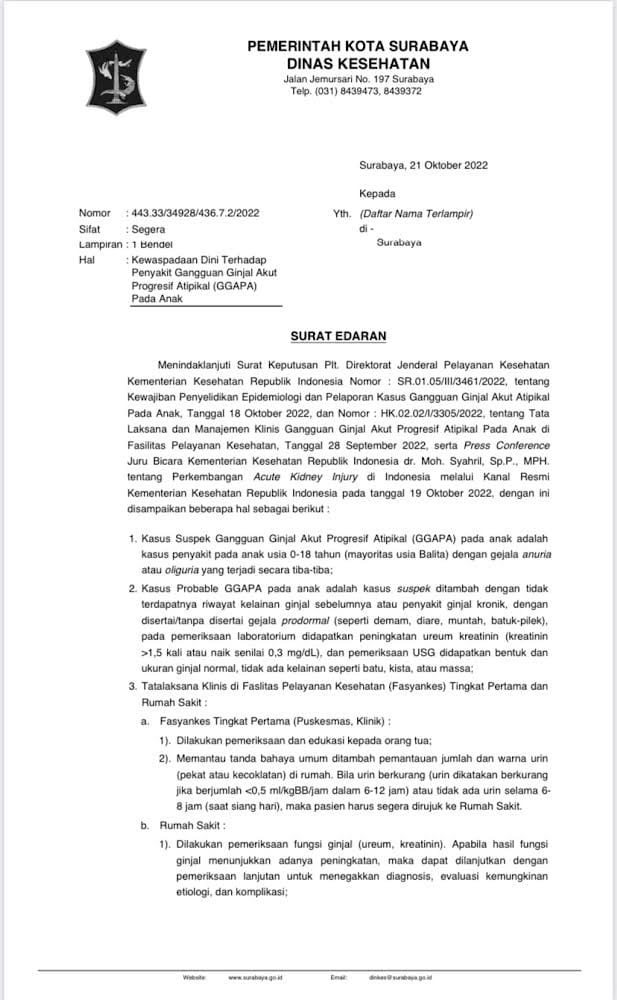 Dinkes Surabaya Keluarkan SE Kewaspadaan Dini Terhadap Penyakit Gangguan Ginjal Akut