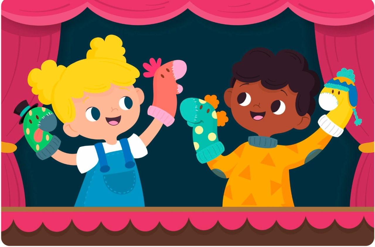 Ilustrasi: Anak-anak menggunakan boneka tangan untuk memerankan karakter cerita, membantu mereka memahami emosi dan tindakan karakter dalam pembelajaran menulis sastra. (Sumber: pikisuperstar/freepik.com)