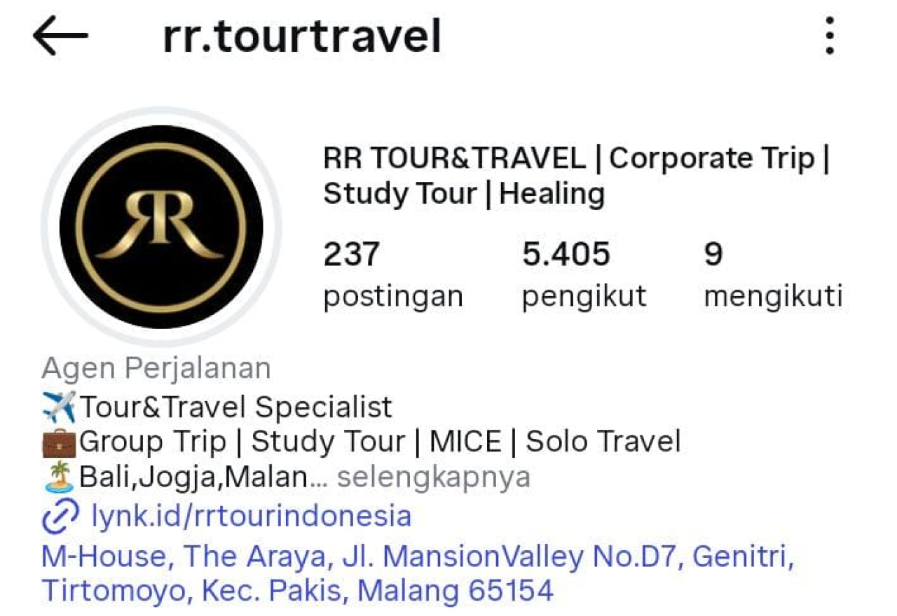 Screenshot perusahaan dari instagram @rr.tourtravel
