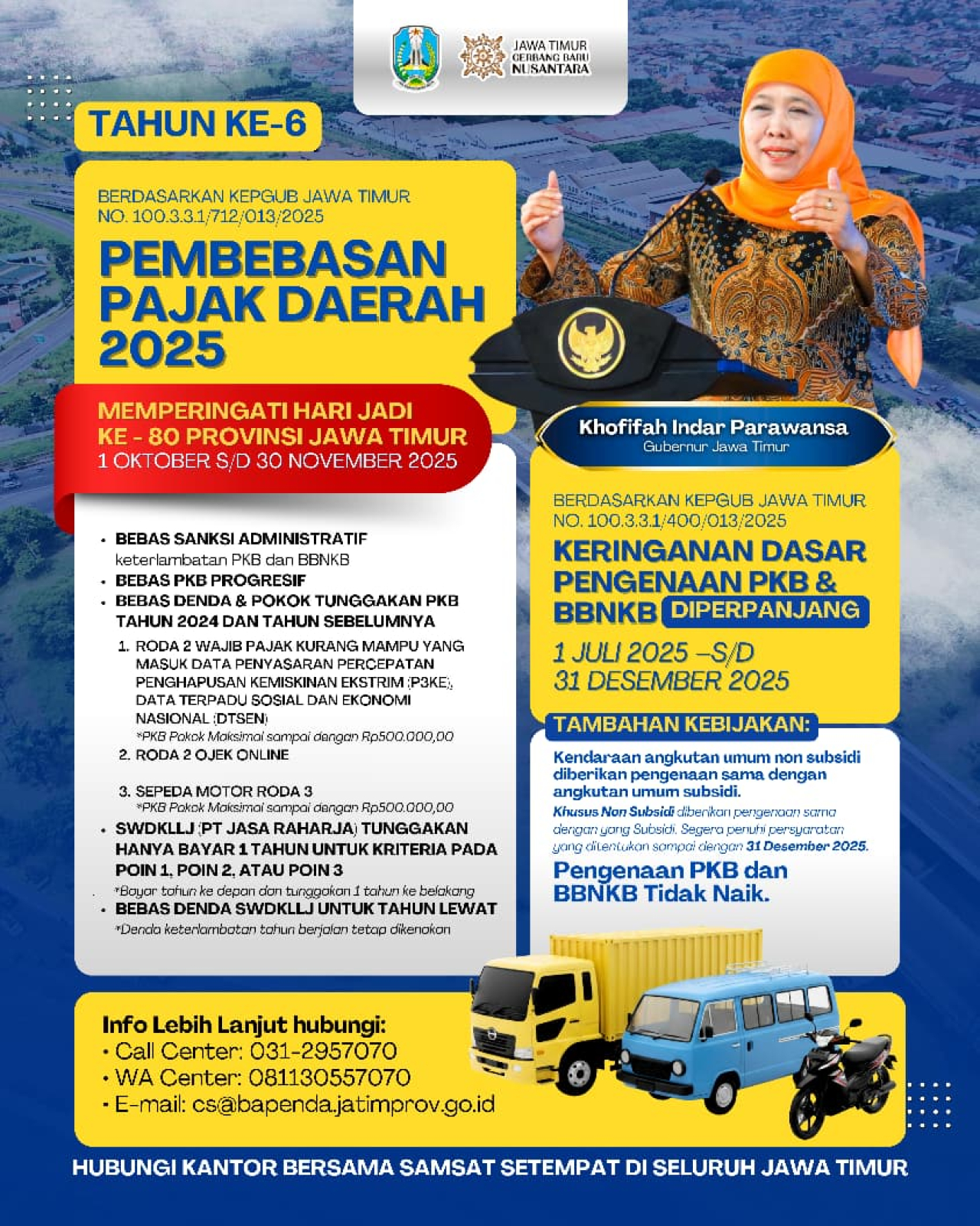 Sambut Hari Jadi ke-80, Gubernur Khofifah Hadirkan Kado Spesial Pembebasan Pajak Daerah Untuk Warga Jatim. (Foto: Humas Pemprov)