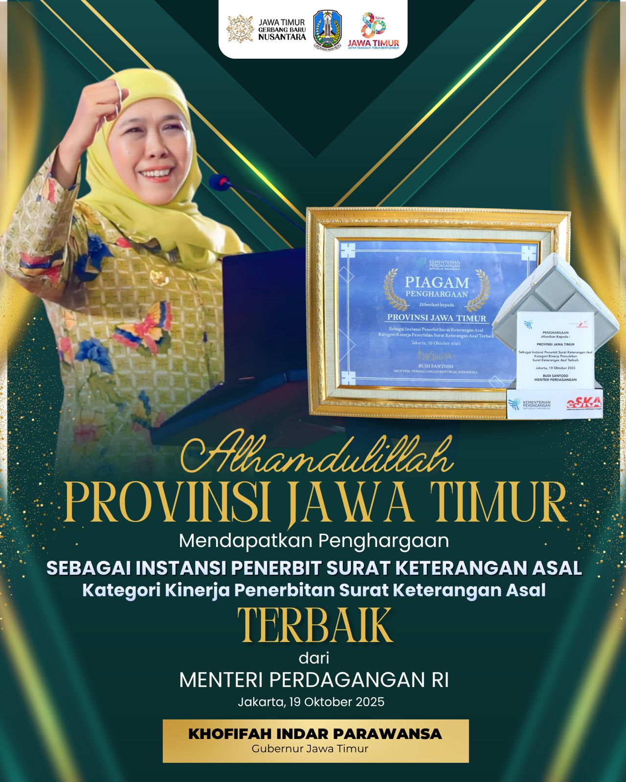 Pemprov Jatim Kembali Raih IPSKA Award 2025, Gubernur Khofifah: Bukti Mudah dan Cepatnya Perizinan Ekspor di Jatim. (Foto: Adpim for kabarhit)