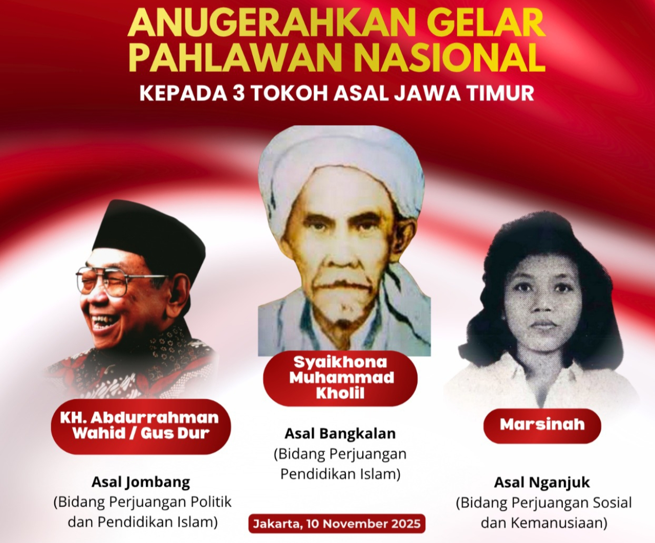 Gus Dur, Syaikhona Kholil, dan Marsinah Pahlawan Nasional, Gubernur Khofifah: Pengakuan Keberanian Moral