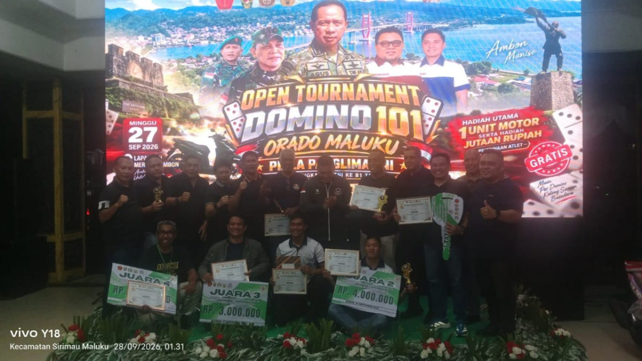 Prajurit Kodaeral IX bersama Tim Mental Sah meraih Juara II Turnamen Domino 101 ORADO Maluku 2026 di Ambon.