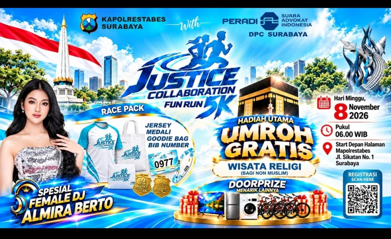 Justice Collaboration Fun Run 5K 2026 di Surabaya menargetkan 5.000 peserta dengan hadiah uang tunai, umrah gratis, dan doorprize menarik.