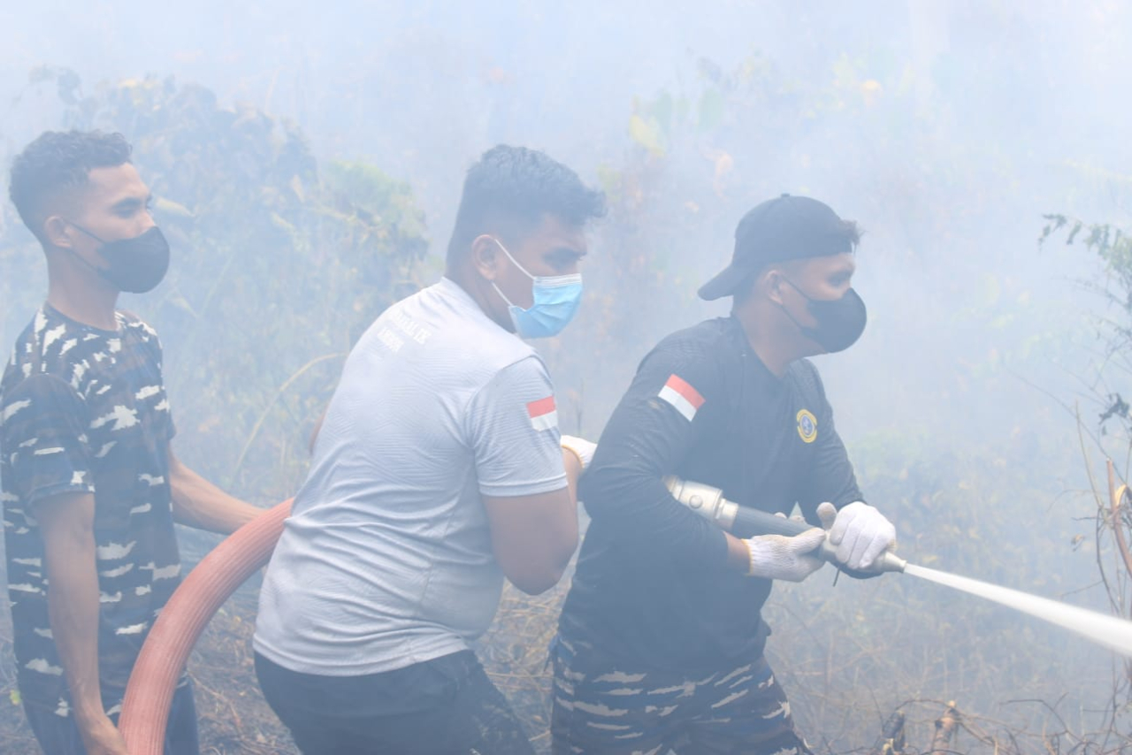 Satgas Karhutla Kodaeral IX memadamkan kebakaran hutan di Saleman, Maluku Tengah. Api berdampak pada lebih dari 10 hektare lahan, kerugian ditaksir Rp10 miliar.